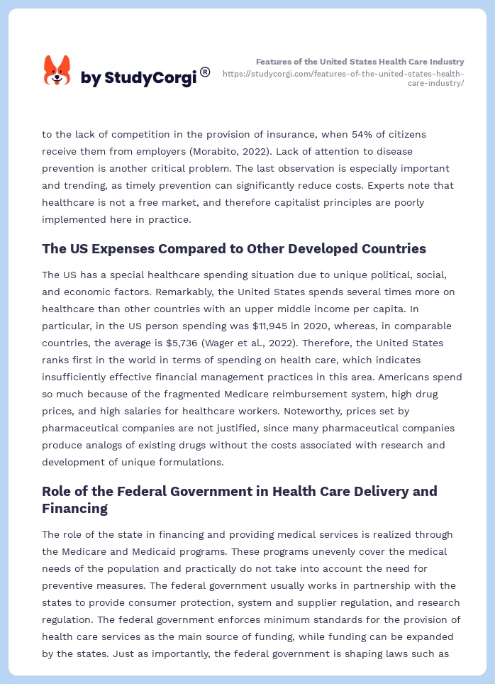 Features of the United States Health Care Industry. Page 2