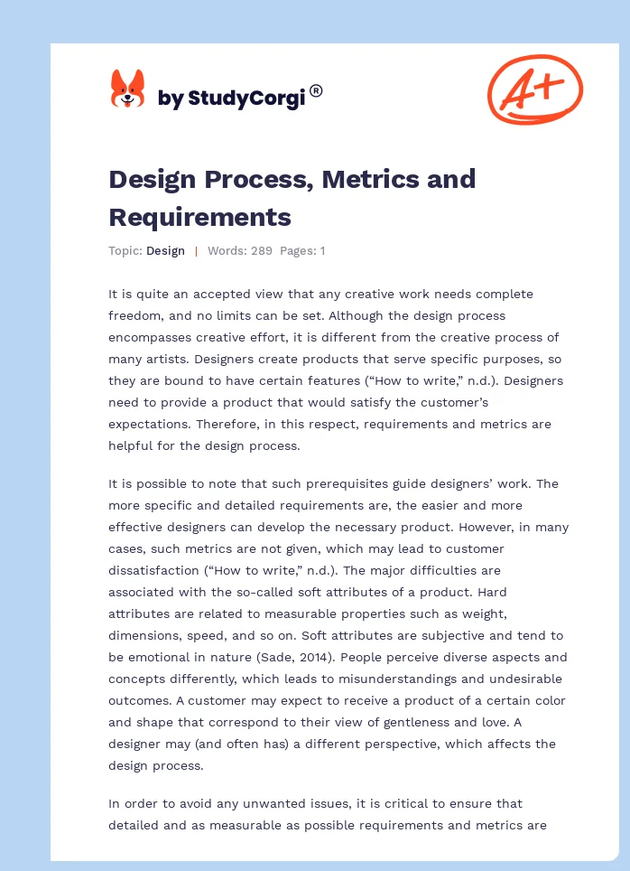 Design Process, Metrics and Requirements. Page 1