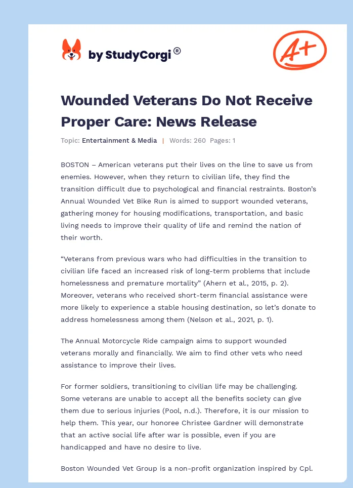 Wounded Veterans Do Not Receive Proper Care: News Release. Page 1