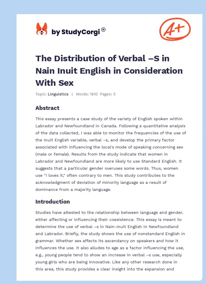 The Distribution of Verbal –S in Nain Inuit English in Consideration With Sex. Page 1