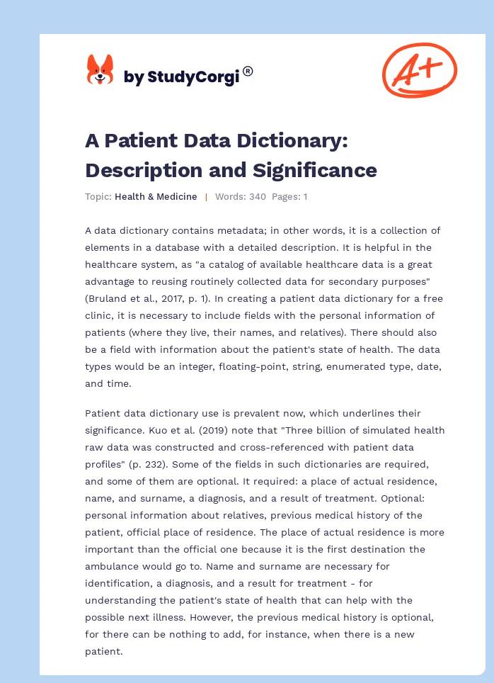 A Patient Data Dictionary: Description and Significance. Page 1