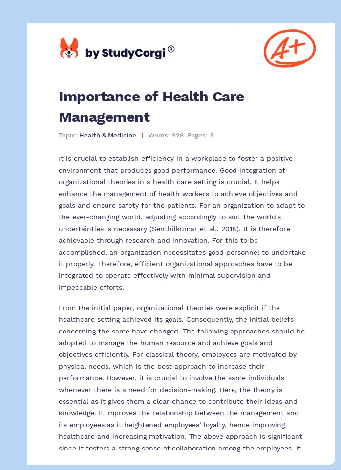Importance of Health Care Management. Page 1