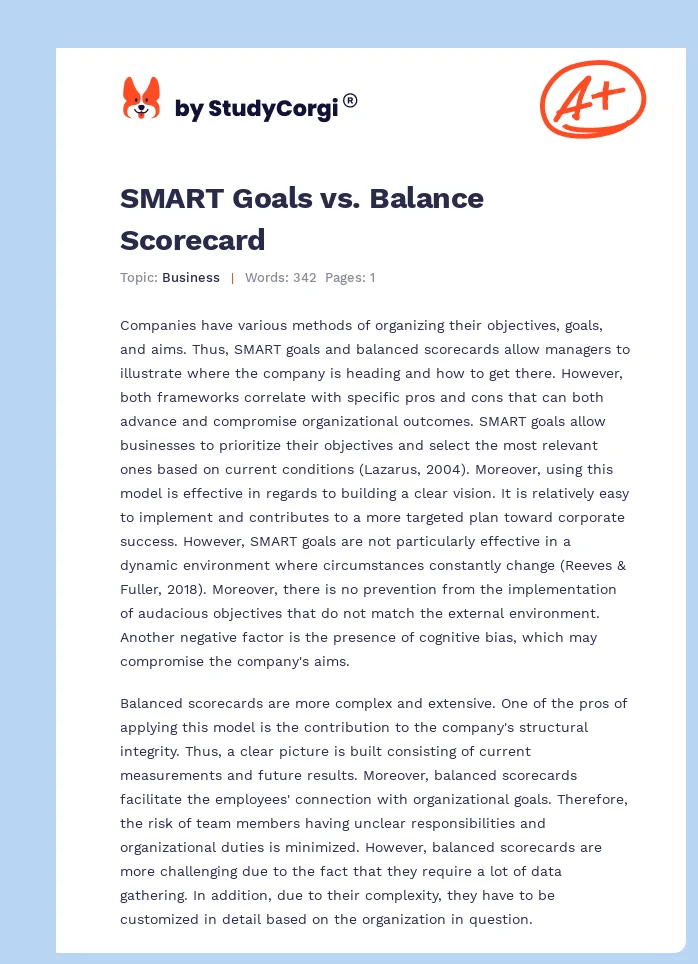 SMART Goals vs. Balance Scorecard. Page 1