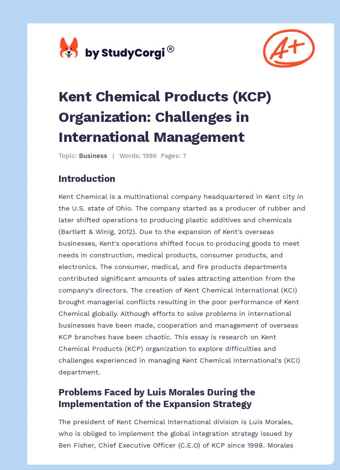 Kent Chemical Products (KCP) Organization: Challenges in International Management. Page 1