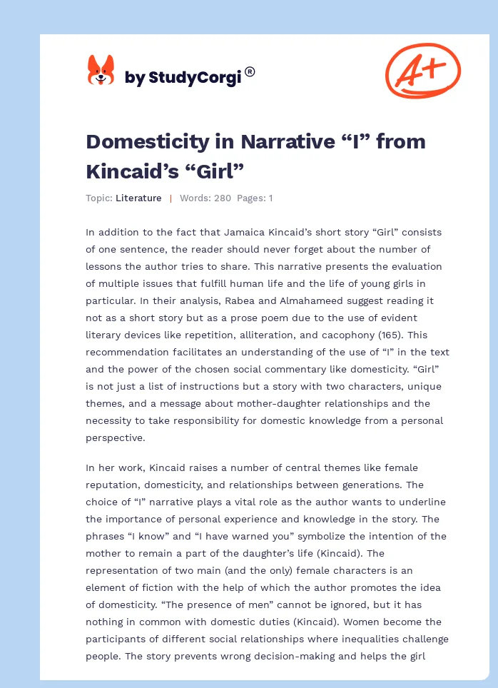 Domesticity in Narrative “I” from Kincaid’s “Girl”. Page 1