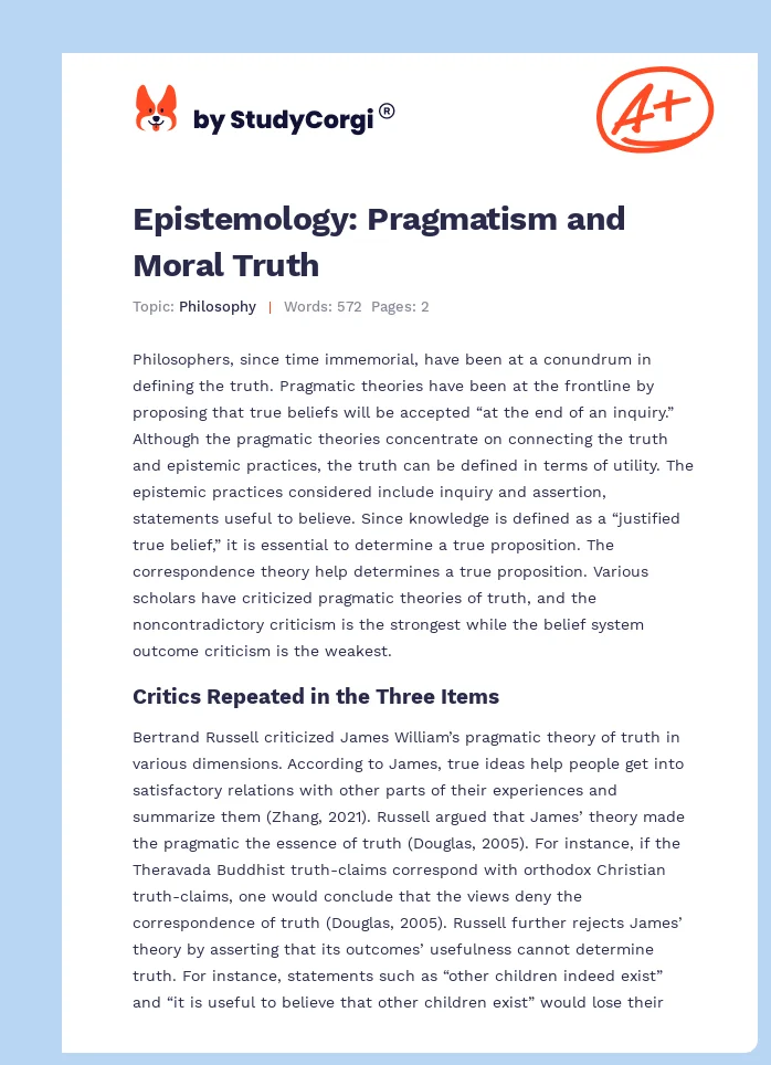 Epistemology: Pragmatism and Moral Truth. Page 1