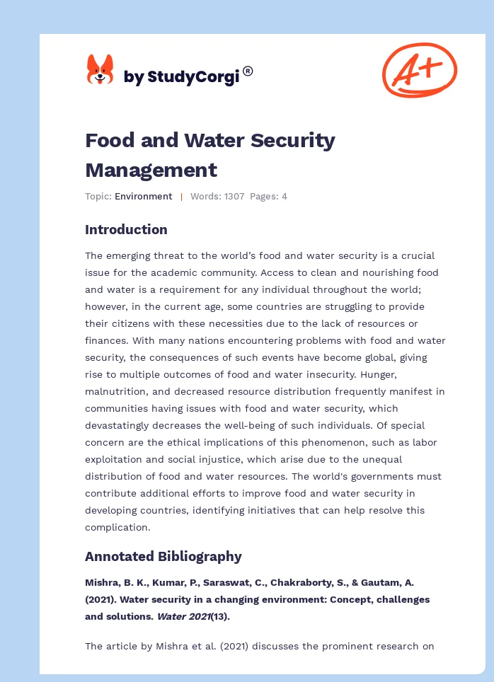 Food and Water Security Management. Page 1