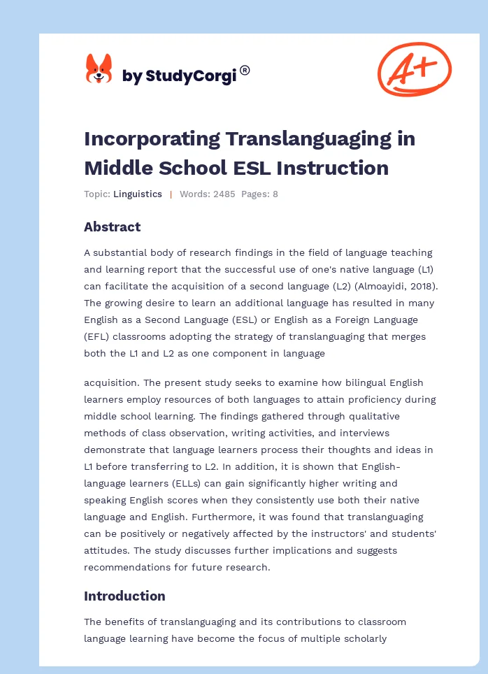 Incorporating Translanguaging in Middle School ESL Instruction. Page 1