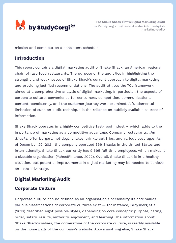 The Shake Shack Firm's Digital Marketing Audit. Page 2