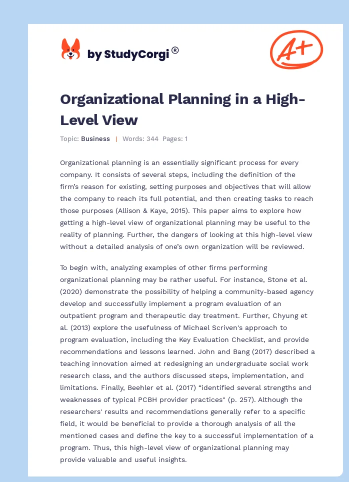 Organizational Planning in a High-Level View. Page 1