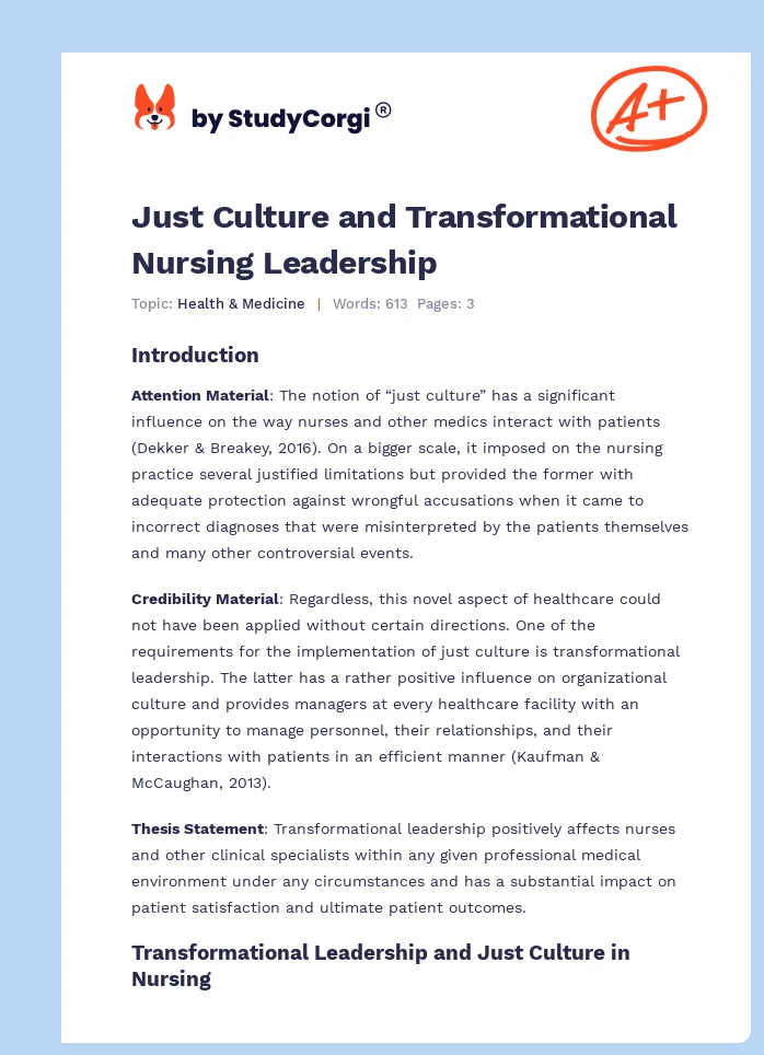 Just Culture and Transformational Nursing Leadership. Page 1
