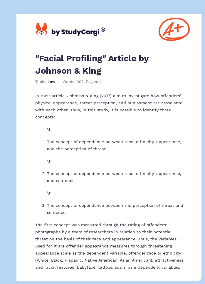 "Facial Profiling" Article by Johnson & King. Page 1