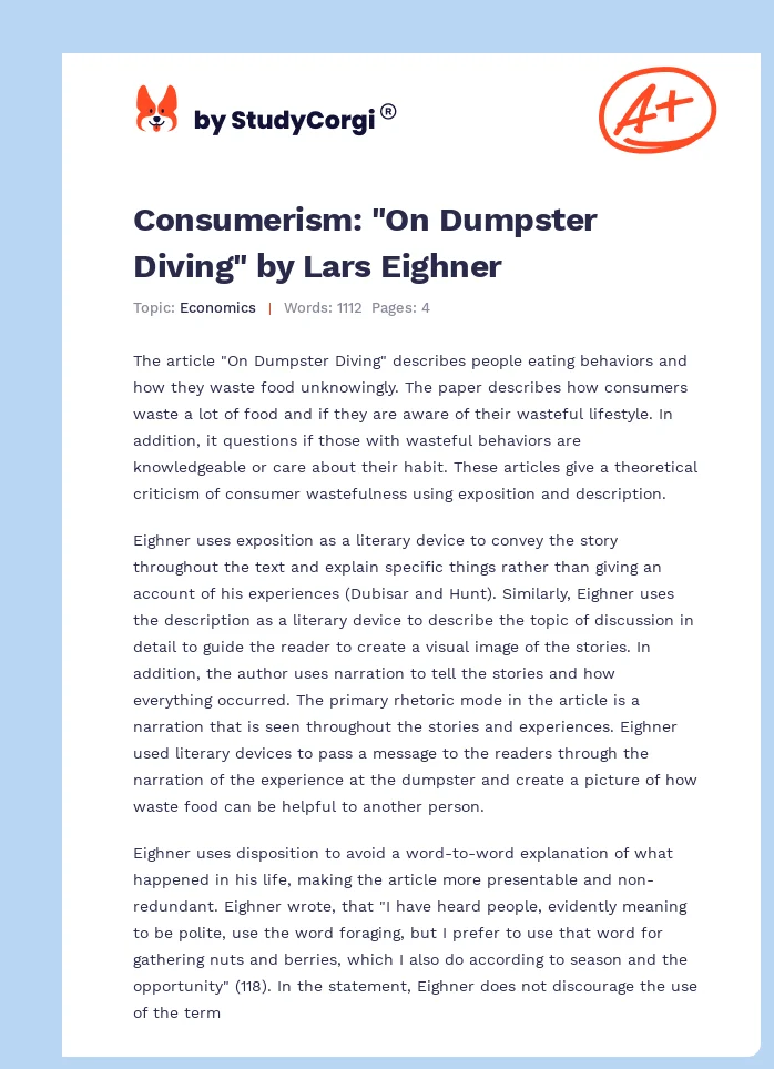 Consumerism: "On Dumpster Diving" by Lars Eighner. Page 1