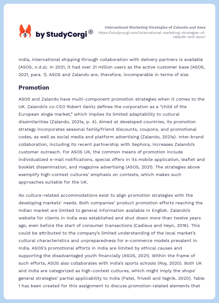 International Marketing Strategies of Zalando and Asos. Page 2