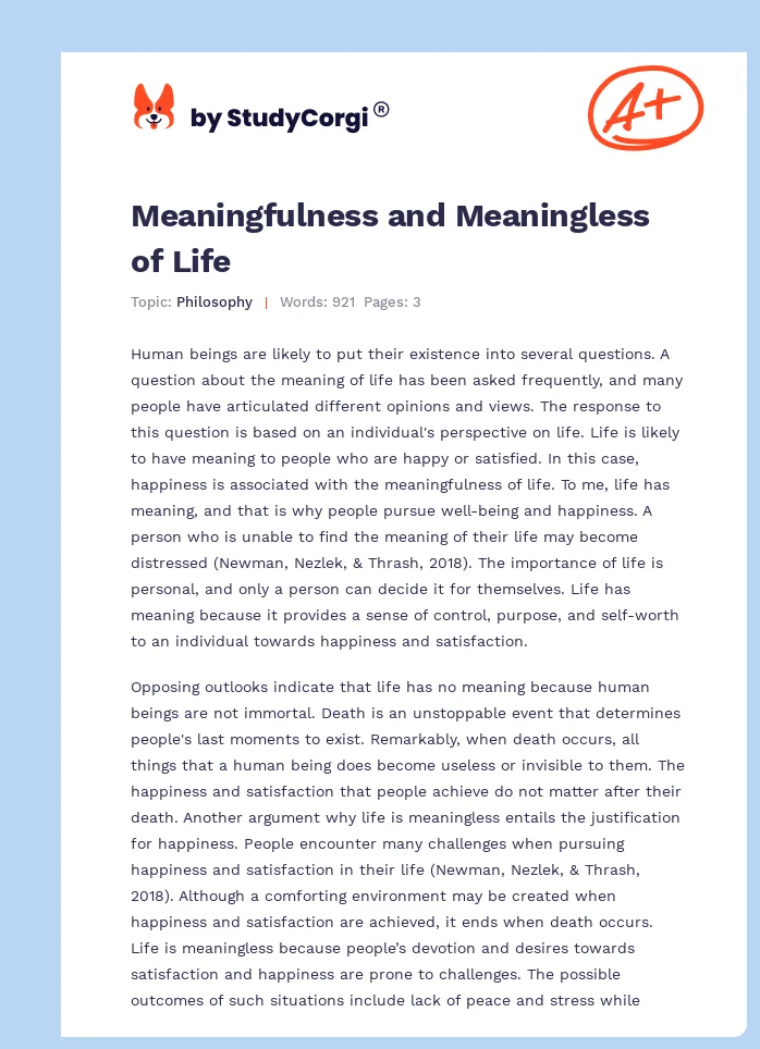 Meaningfulness and Meaningless of Life. Page 1
