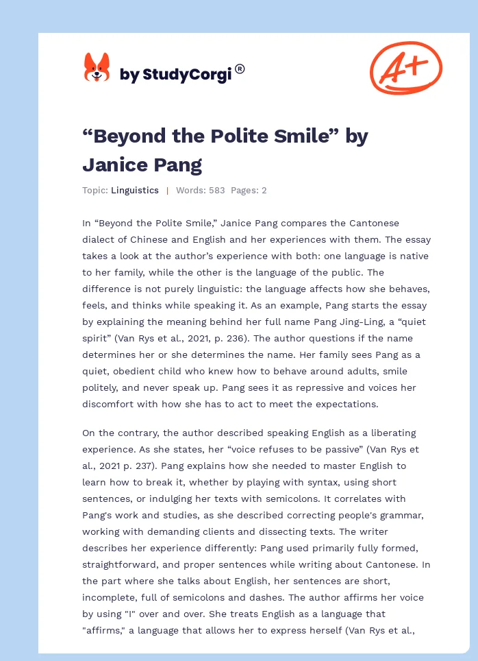 “Beyond the Polite Smile” by Janice Pang. Page 1