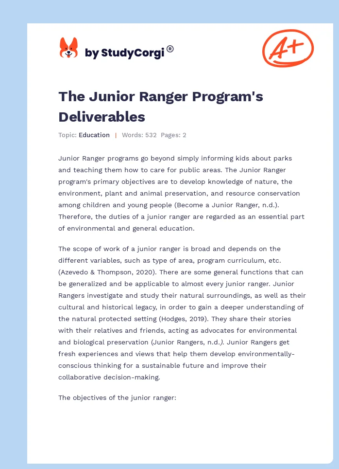 The Junior Ranger Program's Deliverables. Page 1