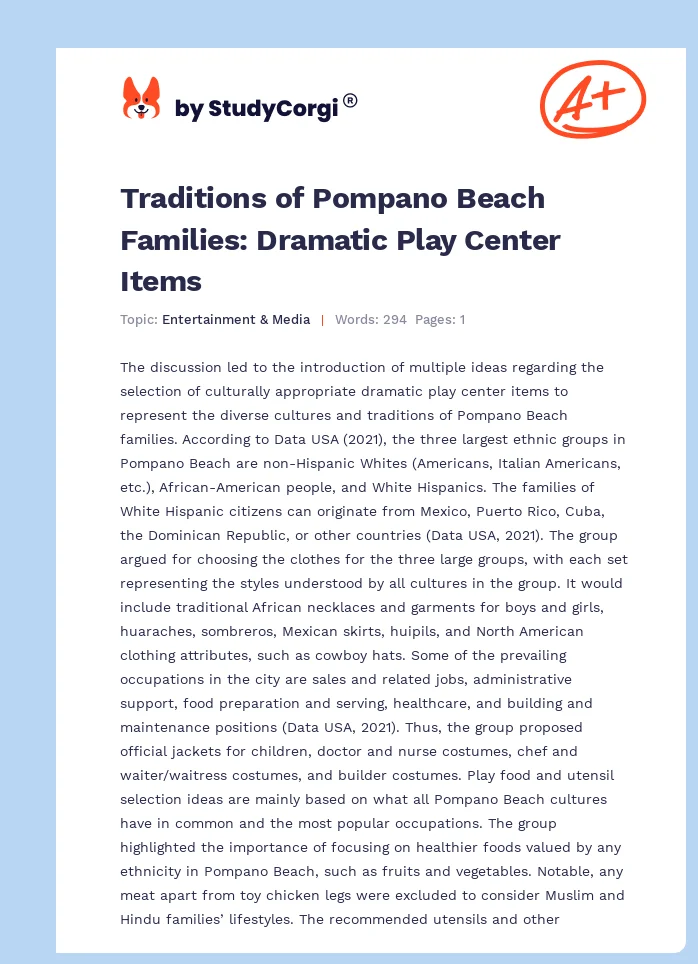 Traditions of Pompano Beach Families: Dramatic Play Center Items. Page 1