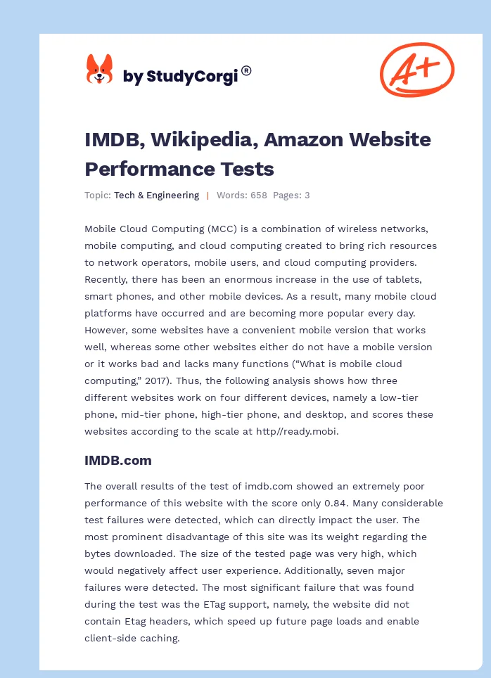 IMDB, Wikipedia, Amazon Website Performance Tests. Page 1