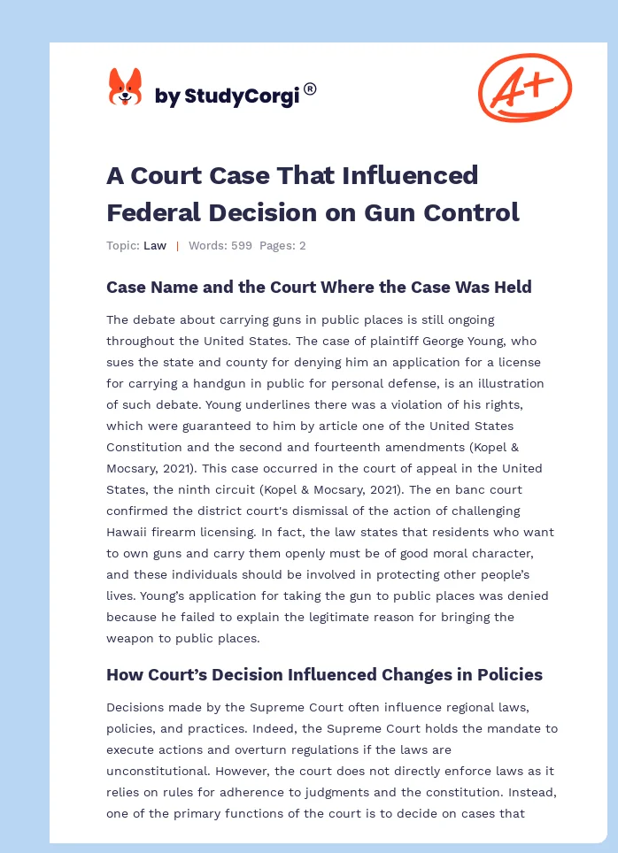 A Court Case That Influenced Federal Decision on Gun Control. Page 1