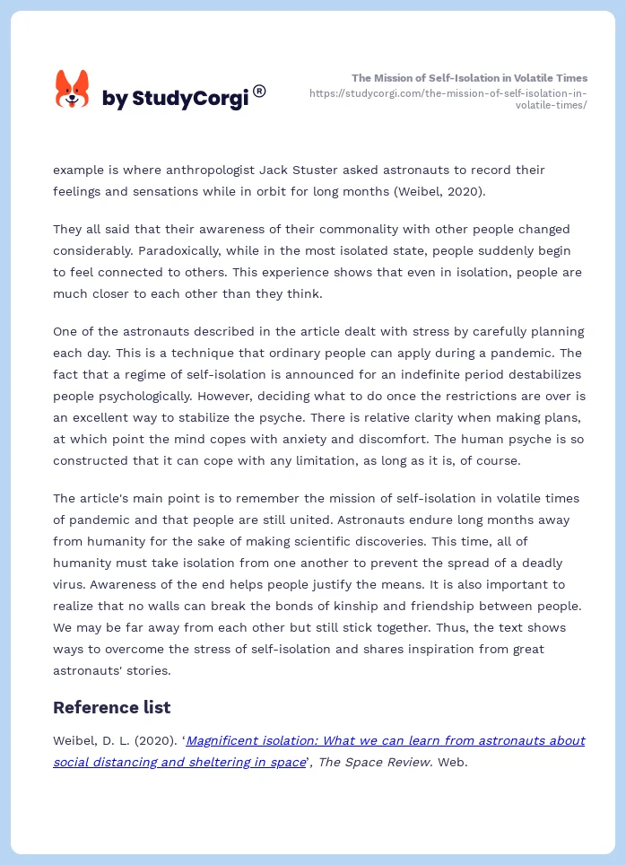 The Mission of Self-Isolation in Volatile Times. Page 2