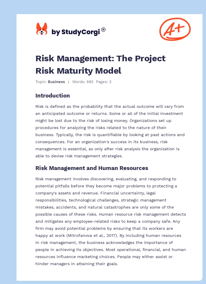 Risk Management: The Project Risk Maturity Model. Page 1