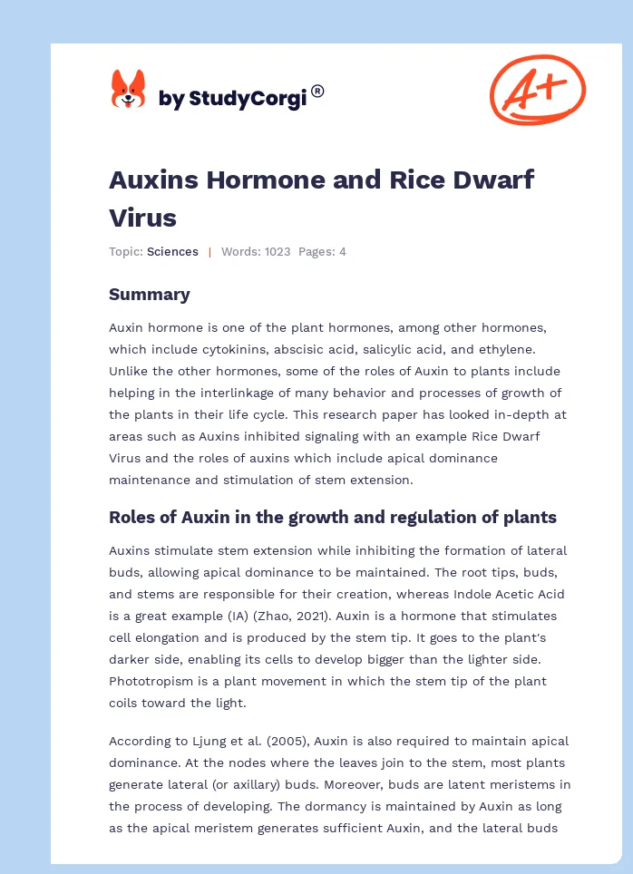 Auxins Hormone and Rice Dwarf Virus. Page 1