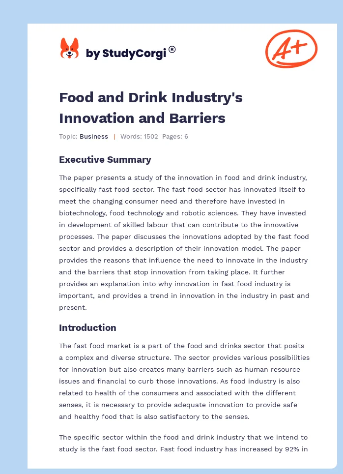 Food and Drink Industry's Innovation and Barriers. Page 1