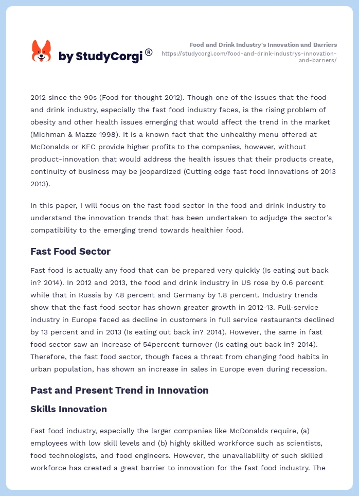 Food and Drink Industry's Innovation and Barriers. Page 2