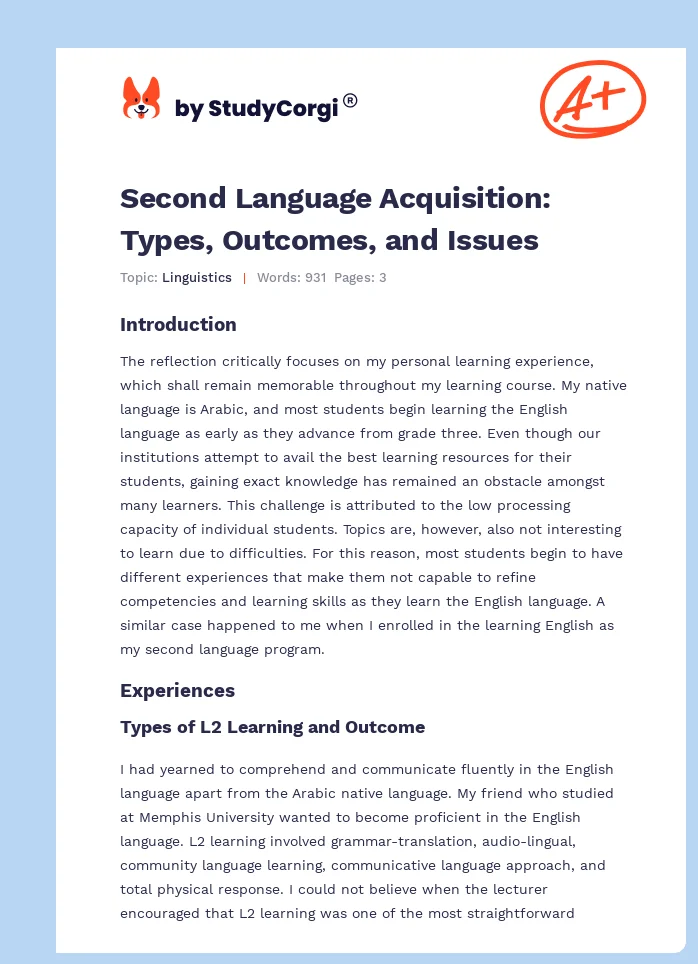 Second Language Acquisition: Types, Outcomes, and Issues. Page 1