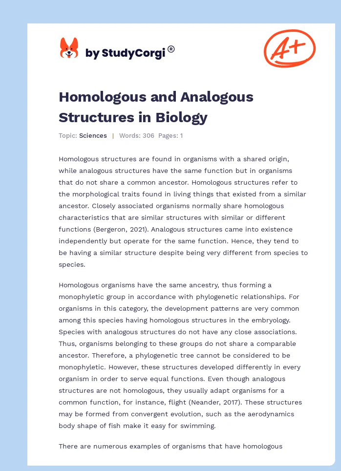 Homologous and Analogous Structures in Biology. Page 1