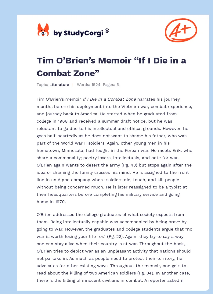 Tim O’Brien’s Memoir “If I Die in a Combat Zone”. Page 1