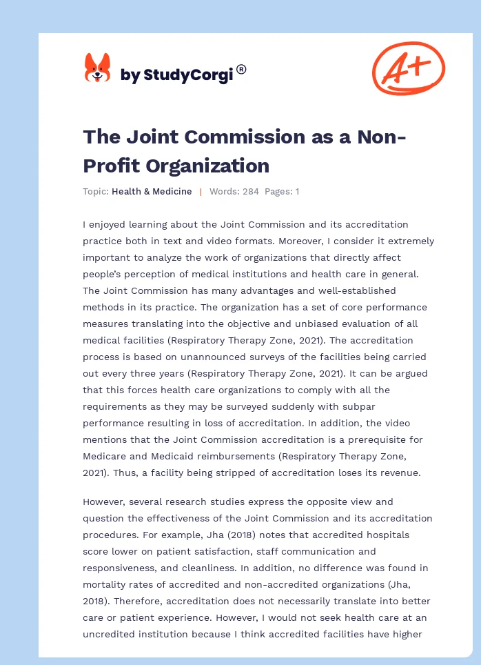 The Joint Commission as a Non-Profit Organization. Page 1
