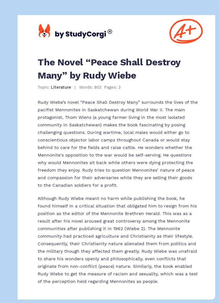 The Novel “Peace Shall Destroy Many” by Rudy Wiebe. Page 1