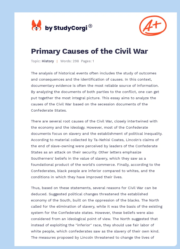Primary Causes of the Civil War. Page 1