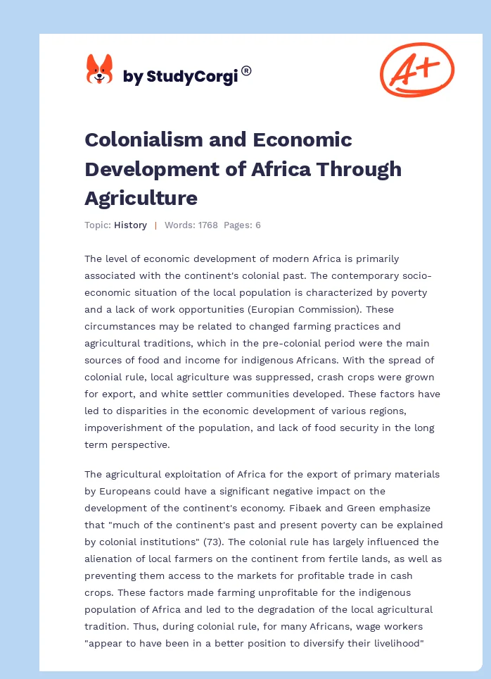 Colonialism and Economic Development of Africa Through Agriculture. Page 1