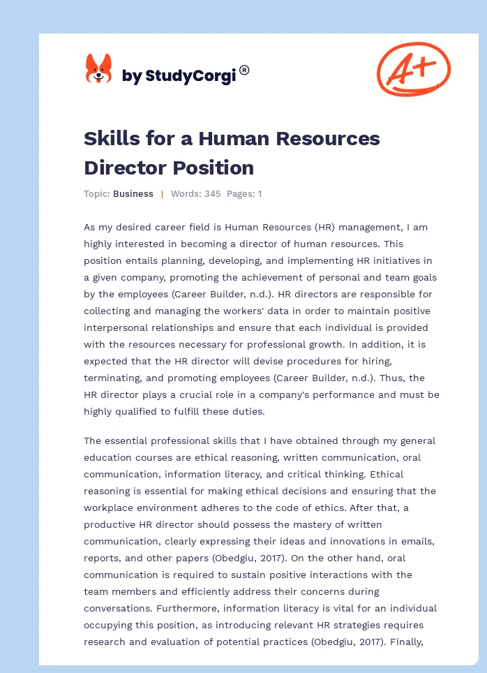Skills for a Human Resources Director Position. Page 1