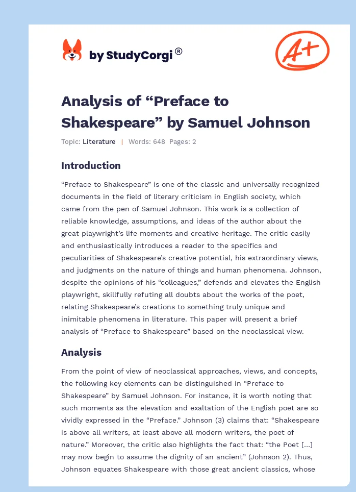 Analysis of “Preface to Shakespeare” by Samuel Johnson. Page 1