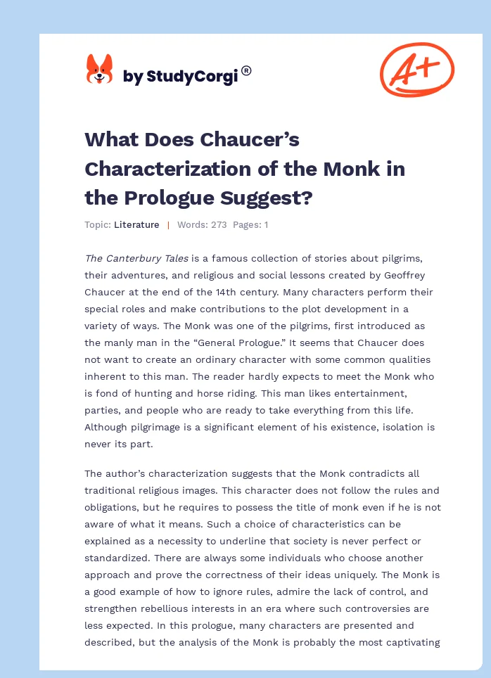 What Does Chaucer’s Characterization of the Monk in the Prologue Suggest?. Page 1