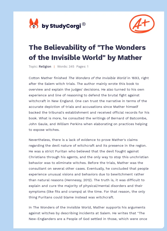 The Believability of "The Wonders of the Invisible World" by Mather. Page 1