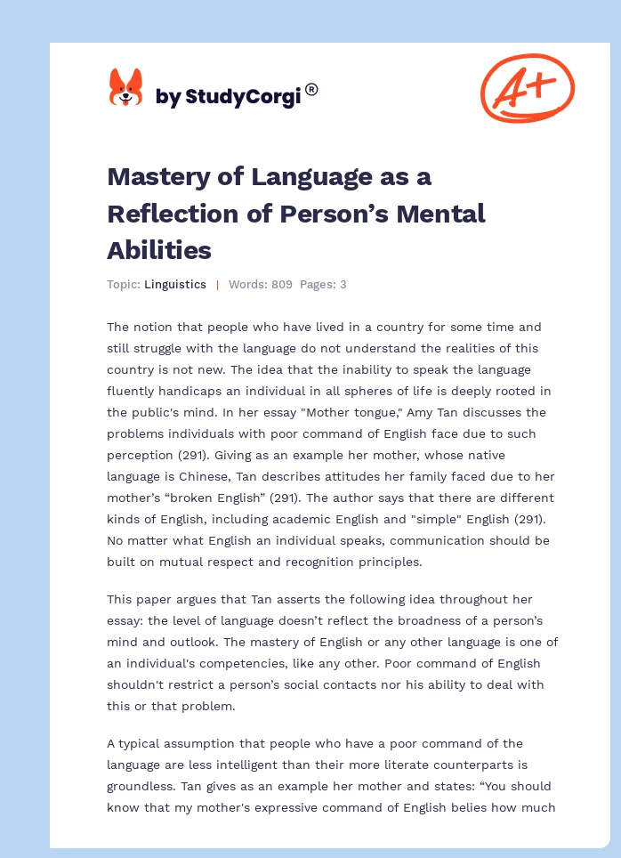 Mastery of Language as a Reflection of Person’s Mental Abilities. Page 1