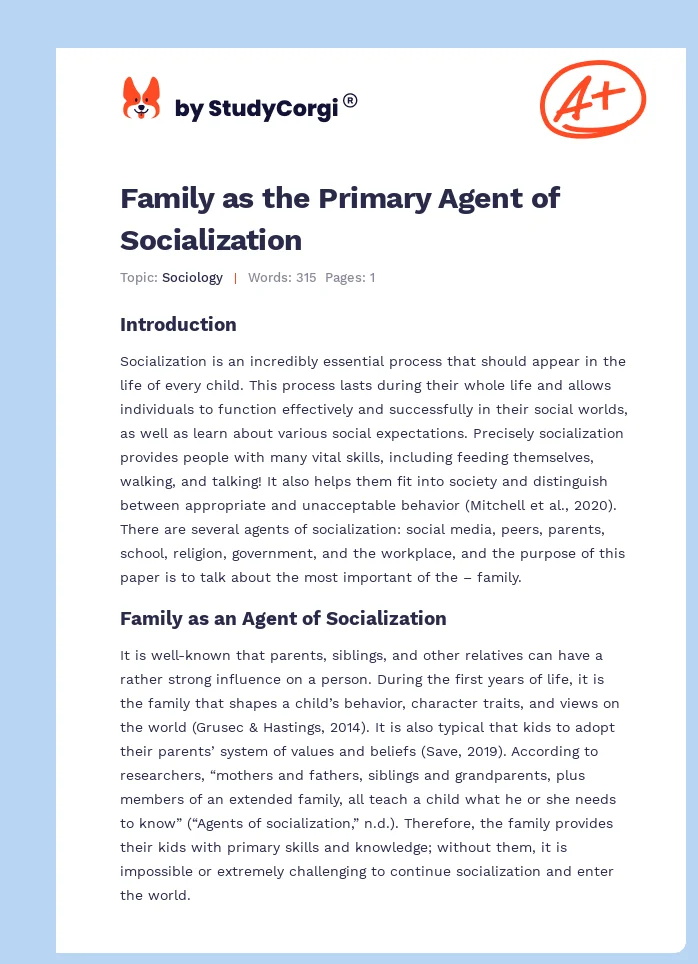 Family as the Primary Agent of Socialization. Page 1