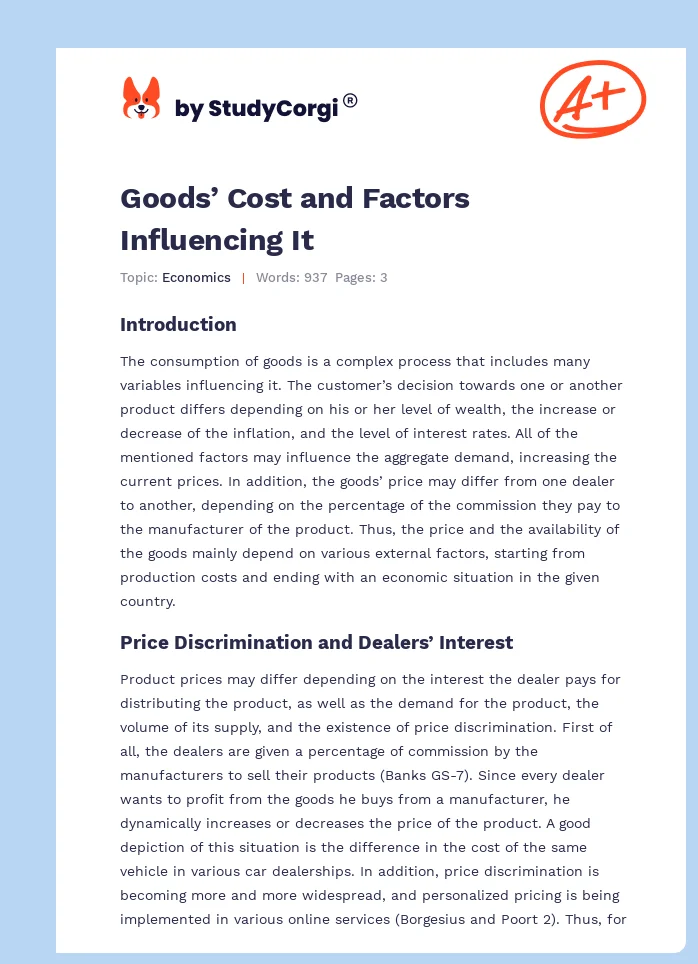 Goods’ Cost and Factors Influencing It. Page 1