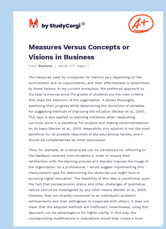 Measures Versus Concepts or Visions in Business. Page 1