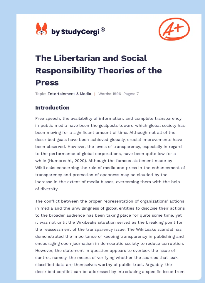 The Libertarian and Social Responsibility Theories of the Press. Page 1