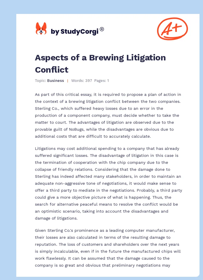 Aspects of a Brewing Litigation Conflict. Page 1