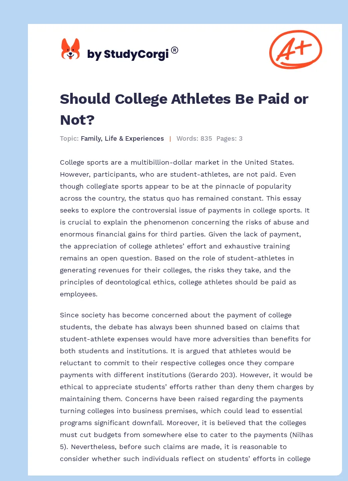 Should College Athletes Be Paid or Not?. Page 1