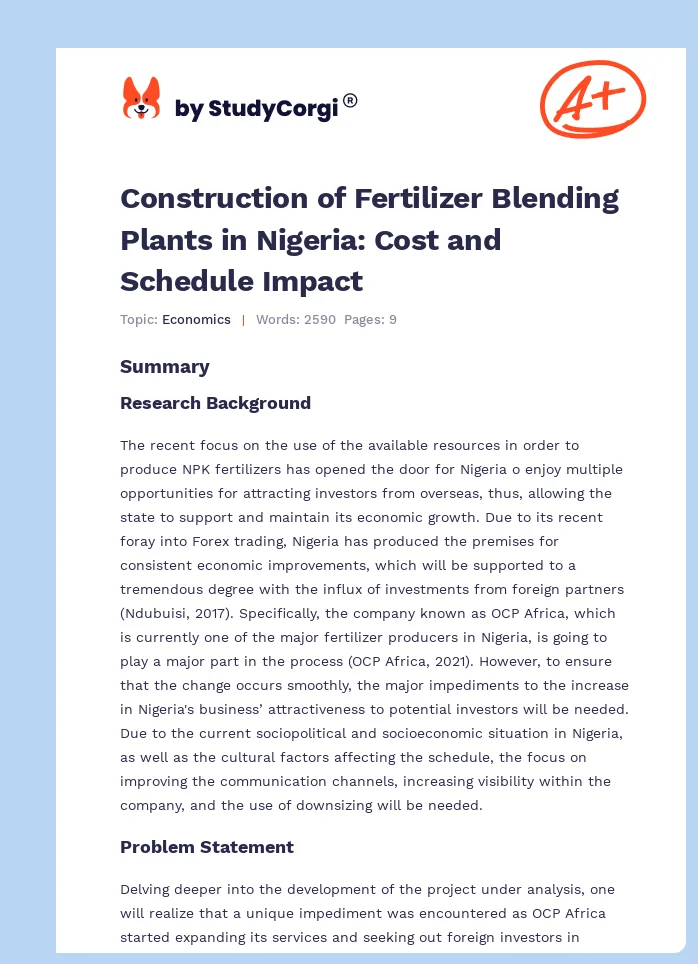 Construction of Fertilizer Blending Plants in Nigeria: Cost and Schedule Impact. Page 1
