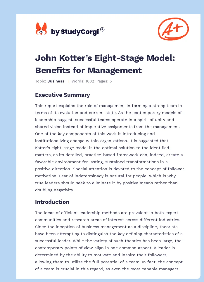 John Kotter’s Eight-Stage Model: Benefits for Management. Page 1