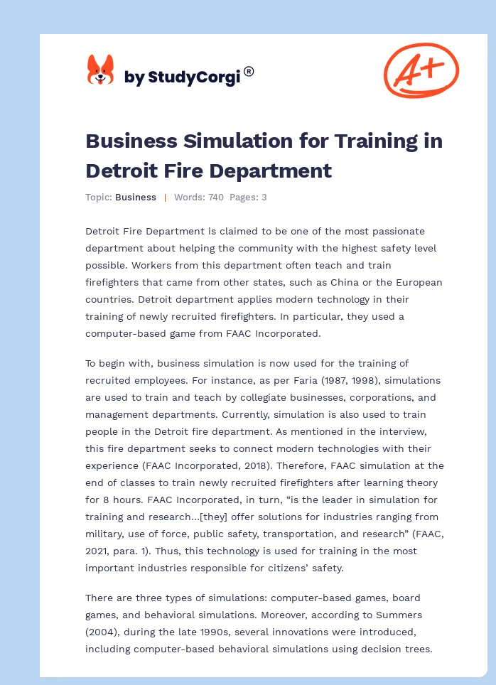 Business Simulation for Training in Detroit Fire Department. Page 1